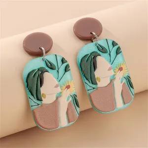 Aqua & Taupe Tiered Floral Portrait Drop Earrings