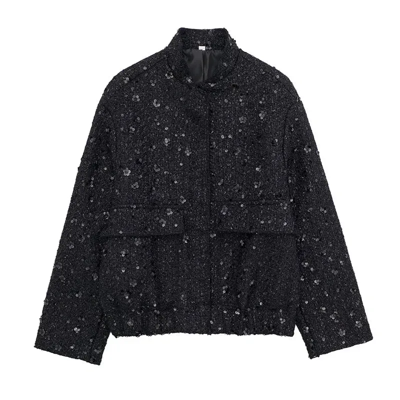 Autumn Sequins Gold Loose Jacket for Women Sparkly Long Sleeve Casual Bomber Jacket with Pockets