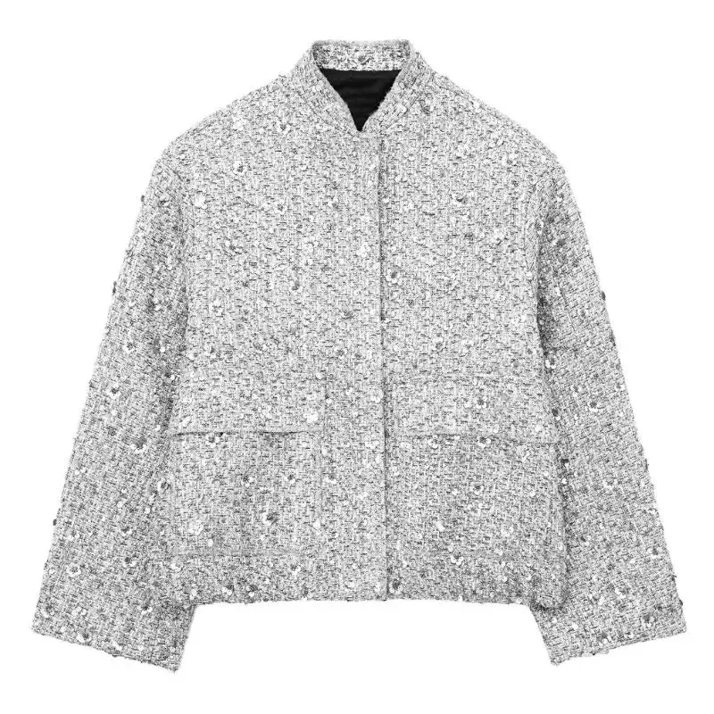 Autumn Sequins Gold Loose Jacket for Women Sparkly Long Sleeve Casual Bomber Jacket with Pockets