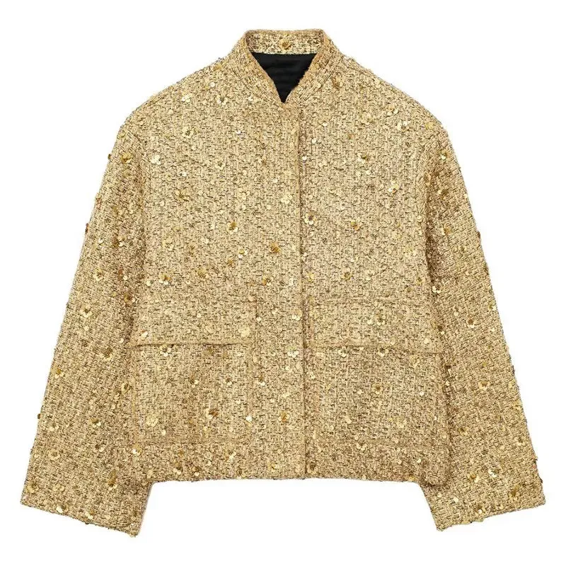 Autumn Sequins Gold Loose Jacket for Women Sparkly Long Sleeve Casual Bomber Jacket with Pockets