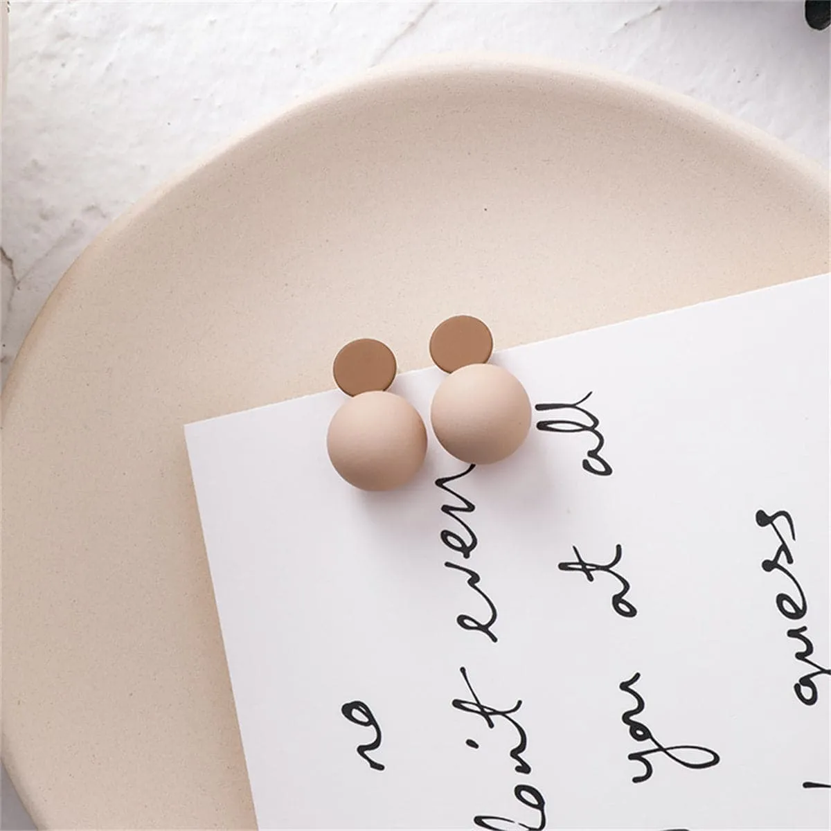 Beige Enamel & Silver-Plated Ball Drop Earrings
