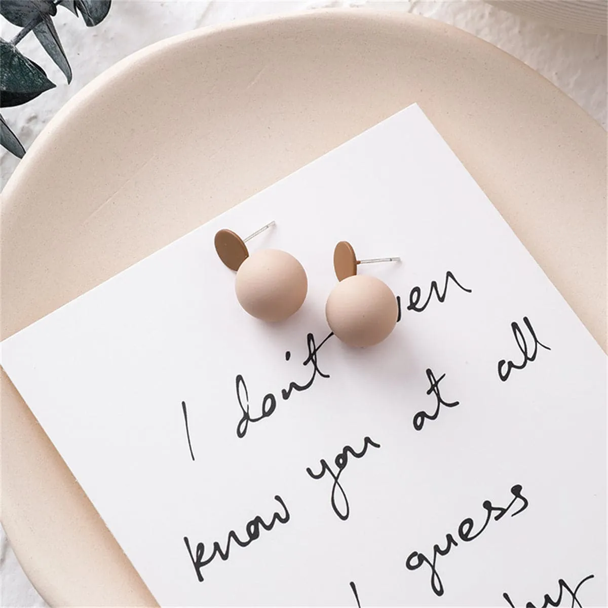 Beige Enamel & Silver-Plated Ball Drop Earrings