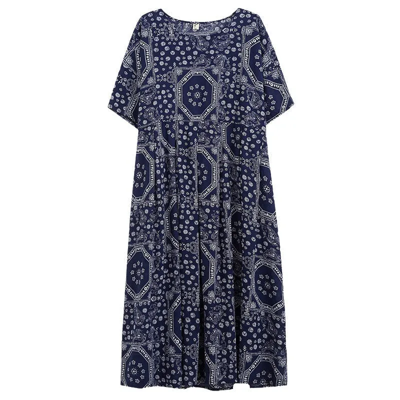 BerryBetty - Blue Print Boho Swing House Dress With Pockets