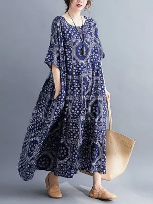 BerryBetty - Blue Print Boho Swing House Dress With Pockets