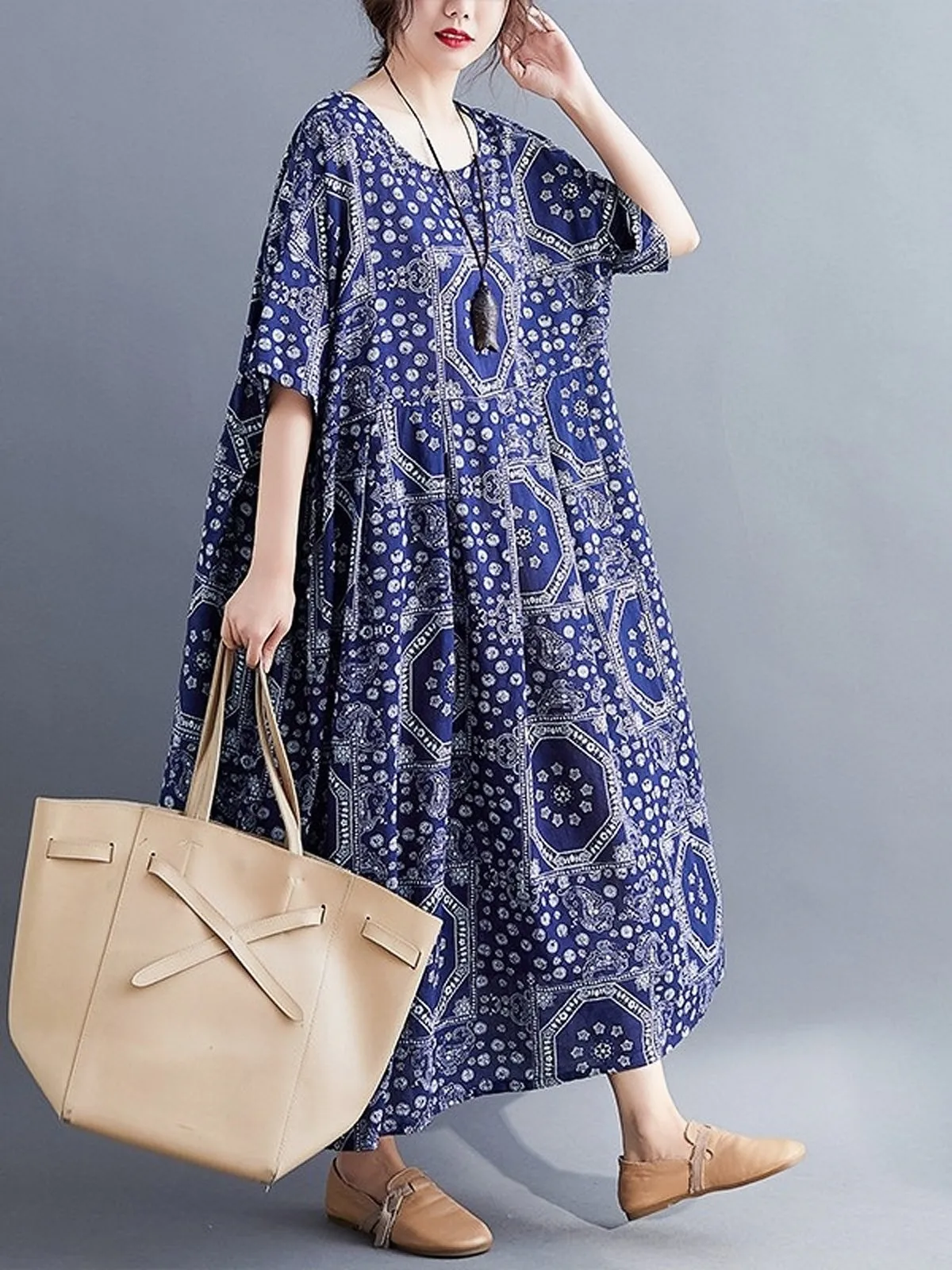 BerryBetty - Blue Print Boho Swing House Dress With Pockets