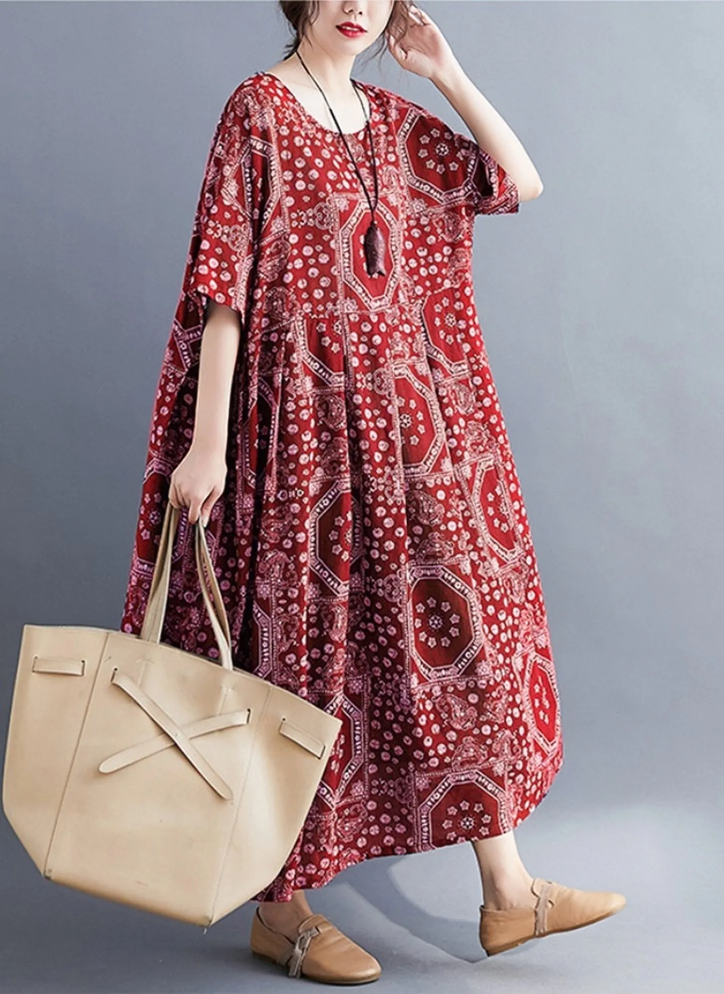 BerryBetty - Blue Print Boho Swing House Dress With Pockets
