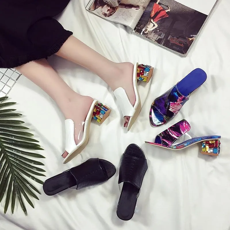 Big size Elegant Crystals Chunky Heels Woman Sandals