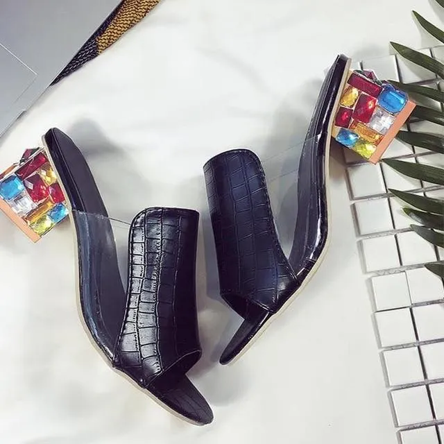 Big size Elegant Crystals Chunky Heels Woman Sandals