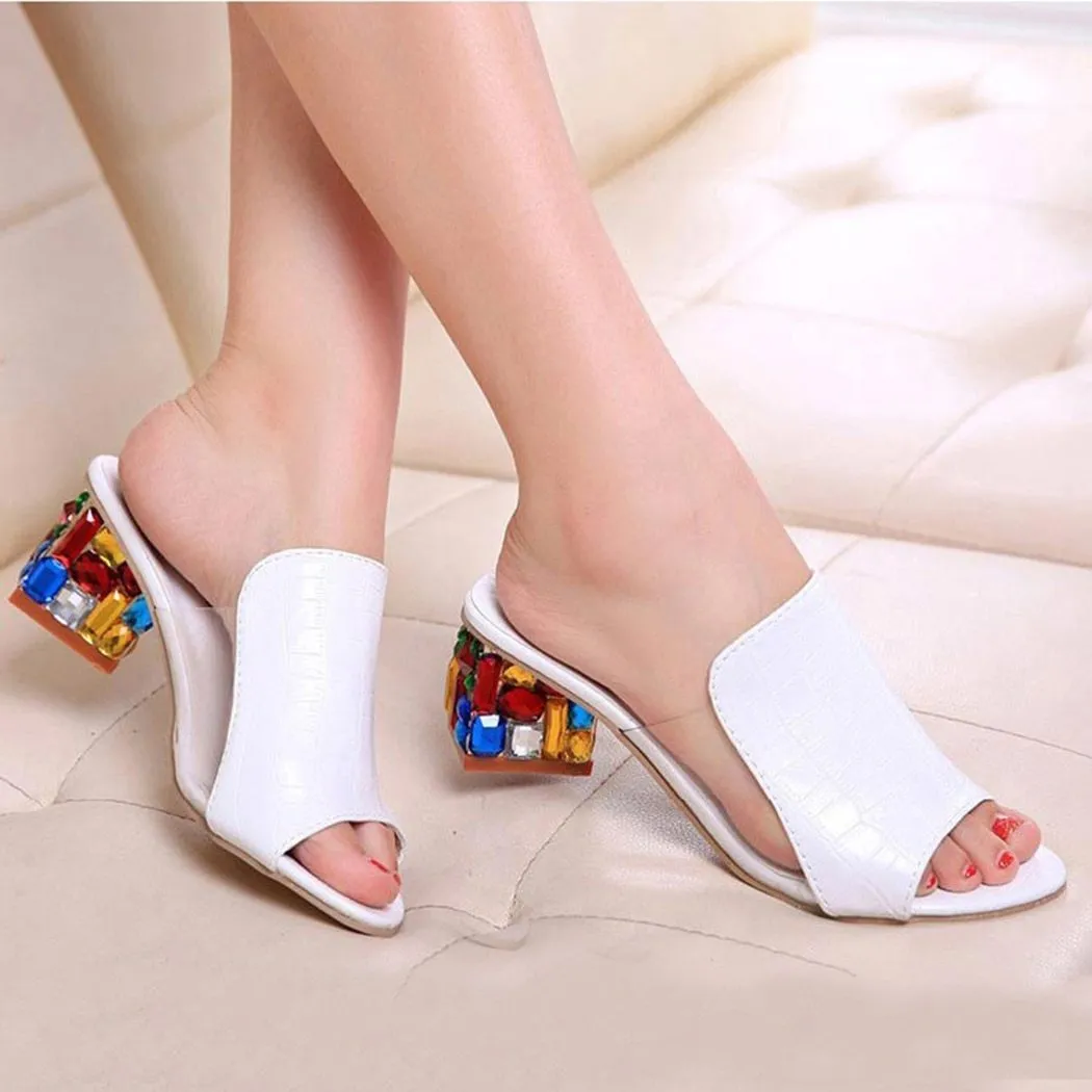 Big size Elegant Crystals Chunky Heels Woman Sandals