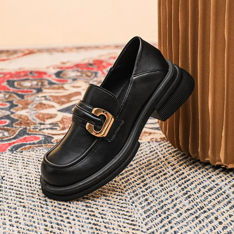 Bjlxn 2023 new spring women's loafers British style Black casual shoes Fashionable metal decoration Party and work wear size 41-43