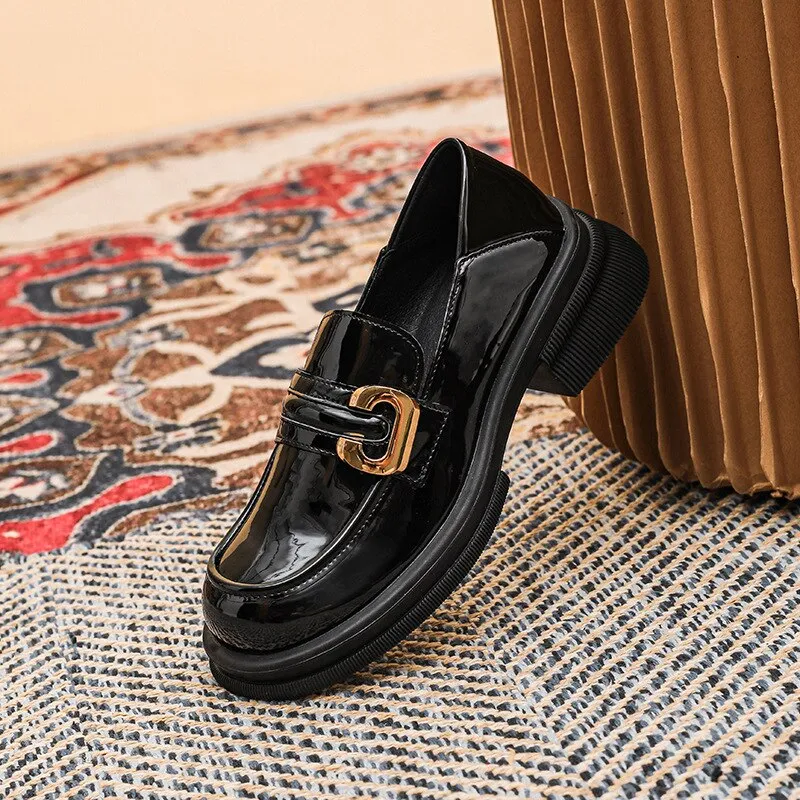 Bjlxn 2023 new spring women's loafers British style Black casual shoes Fashionable metal decoration Party and work wear size 41-43