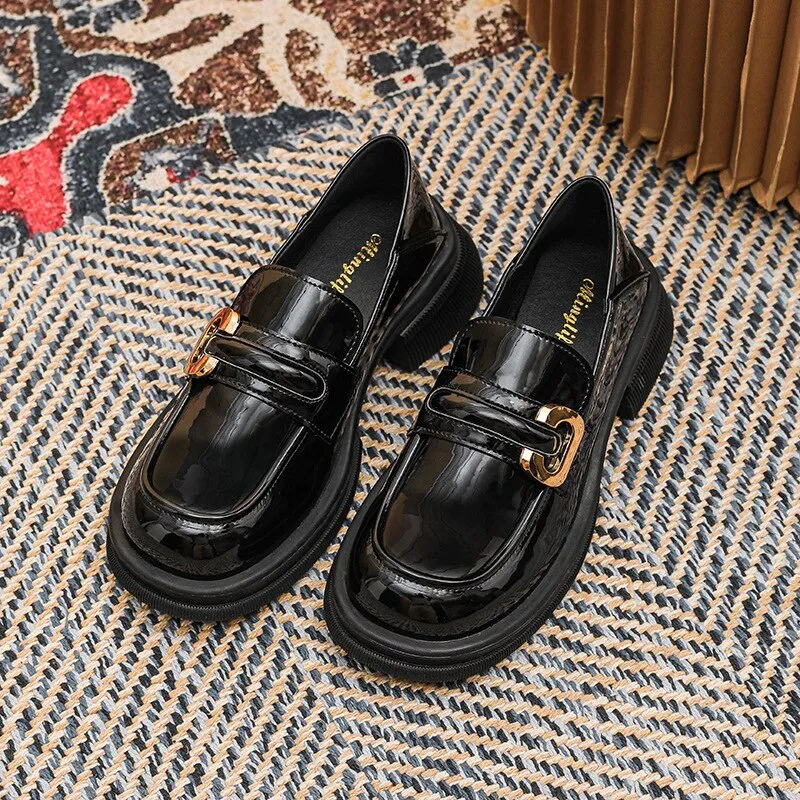 Bjlxn 2023 new spring women's loafers British style Black casual shoes Fashionable metal decoration Party and work wear size 41-43