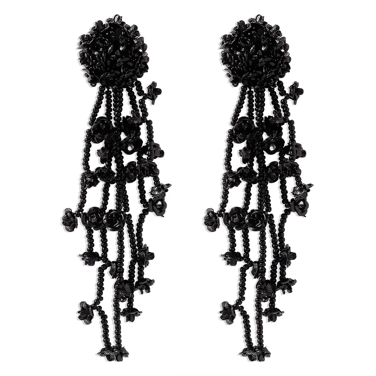 Black Acrylic & Silver-Plated Flower Tassel Drop Earrings