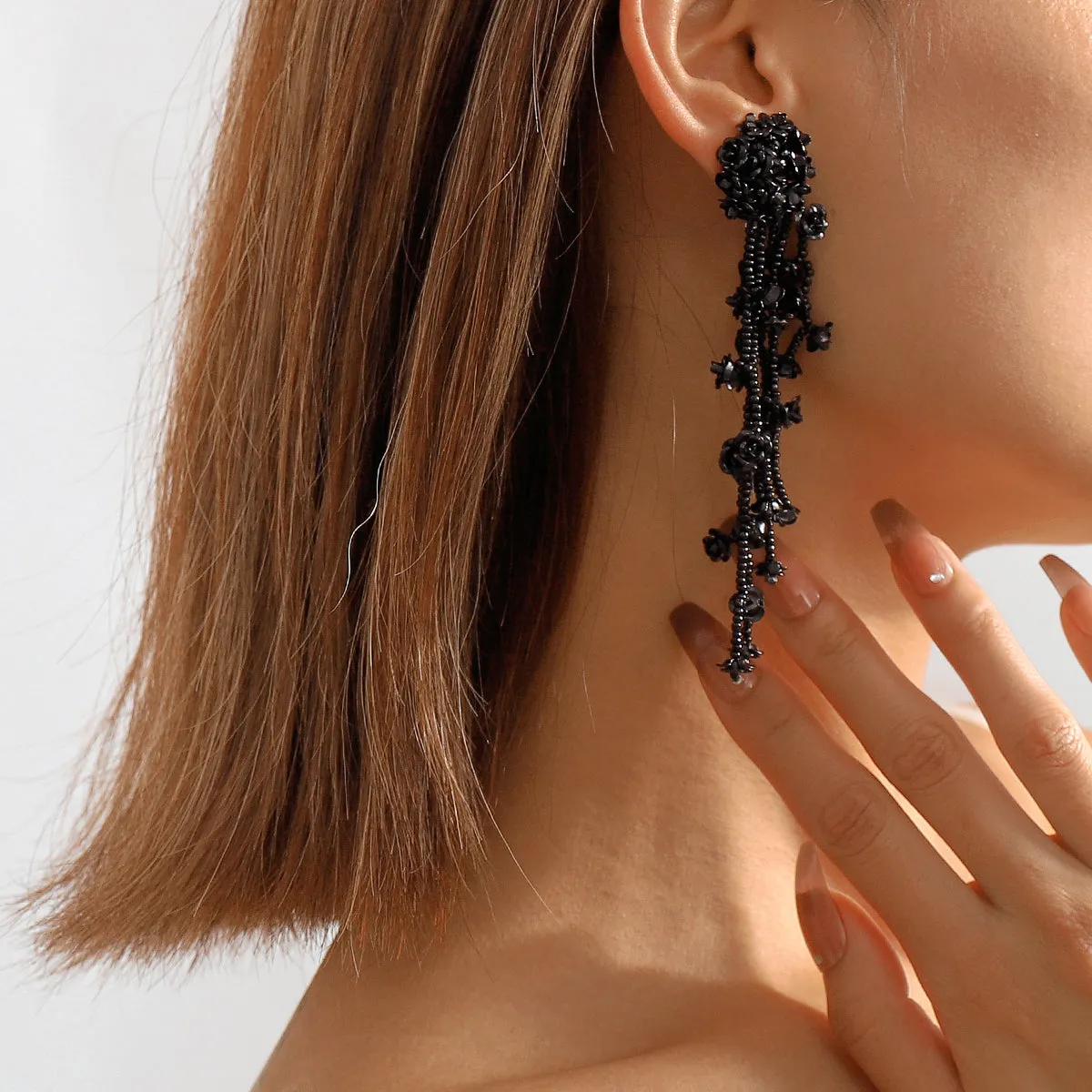 Black Acrylic & Silver-Plated Flower Tassel Drop Earrings