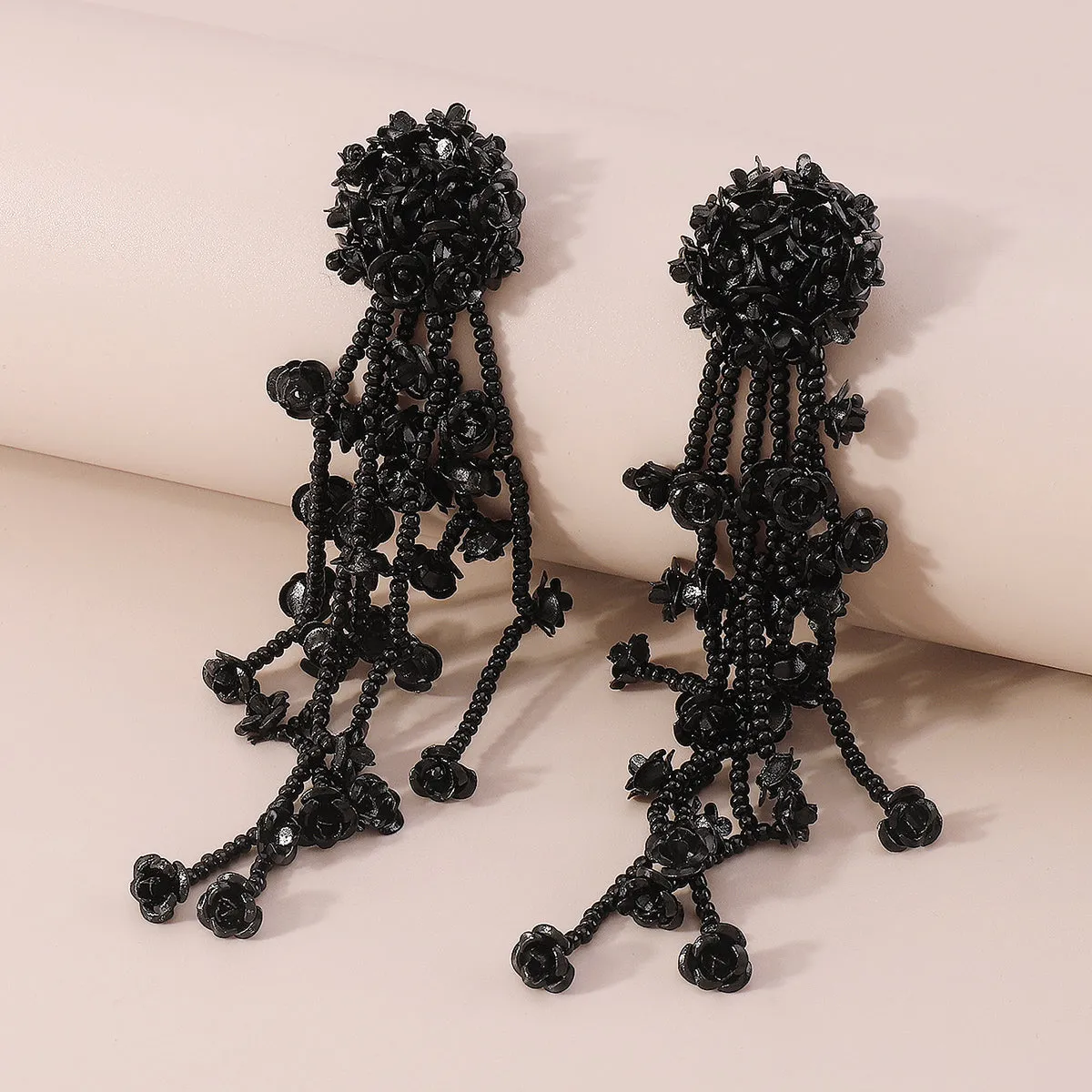 Black Acrylic & Silver-Plated Flower Tassel Drop Earrings