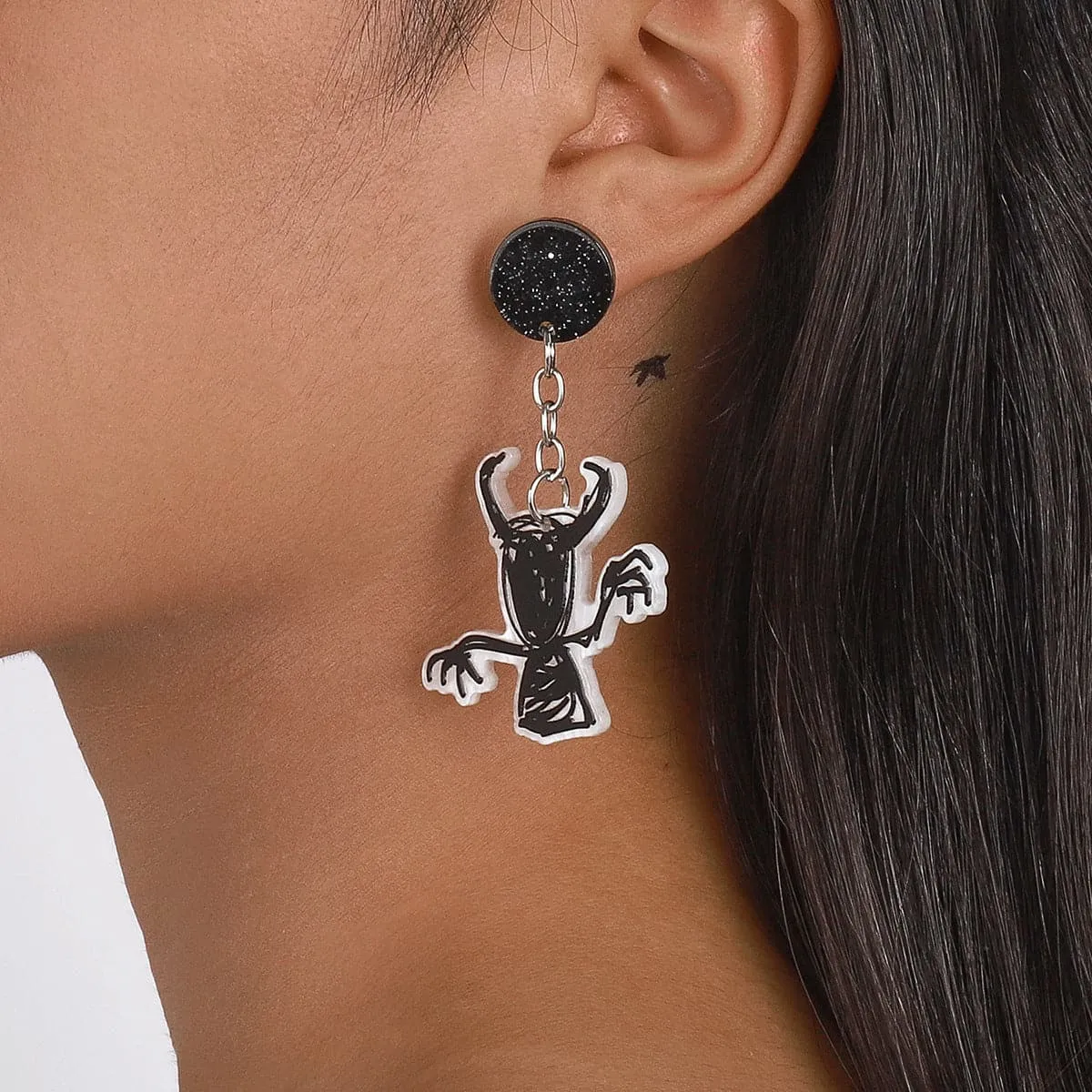 Black Acrylic & Silver-Plated Ghost Drop Earring