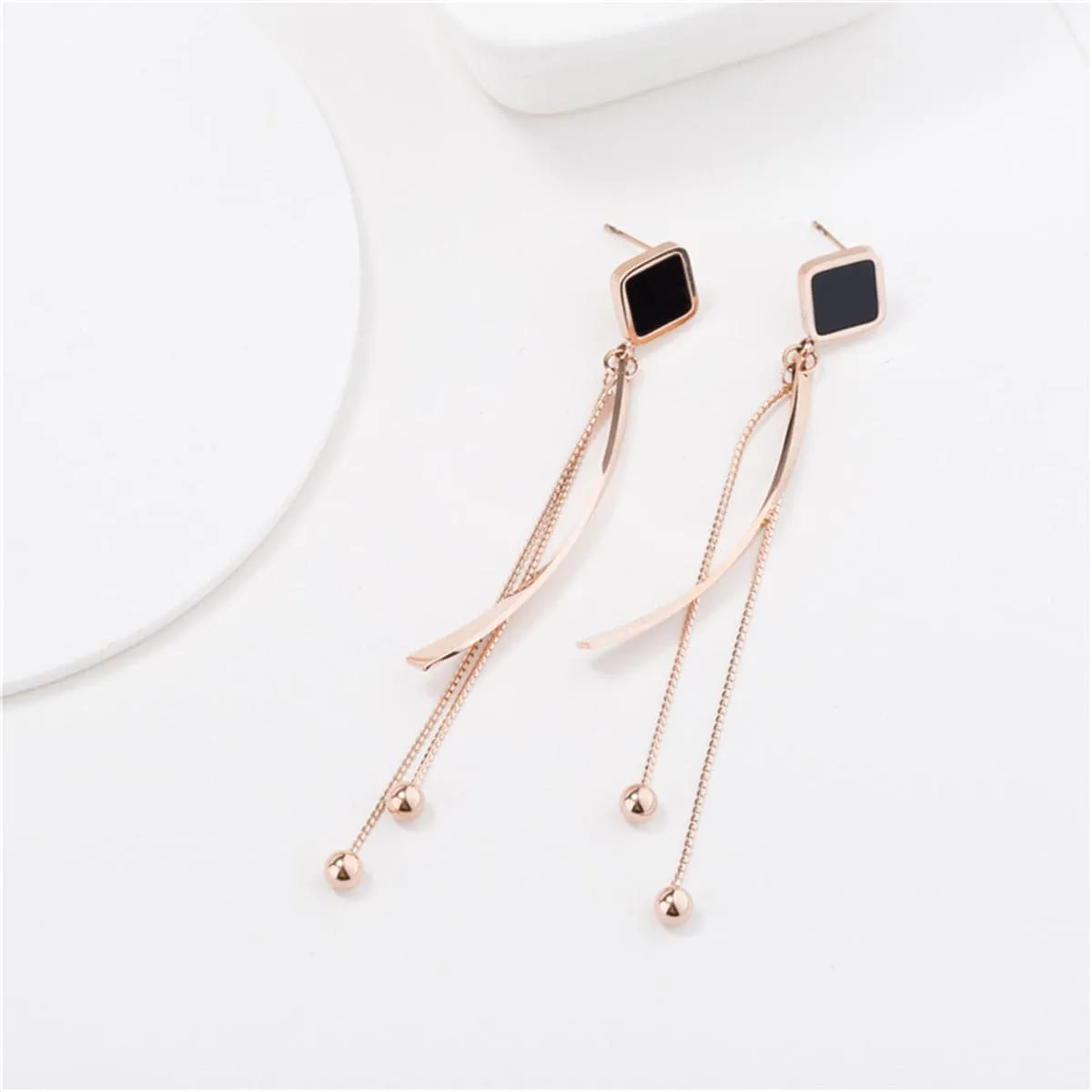 Black & 18K Rose Gold-Plated Rhombus Tassel Drop Earrings