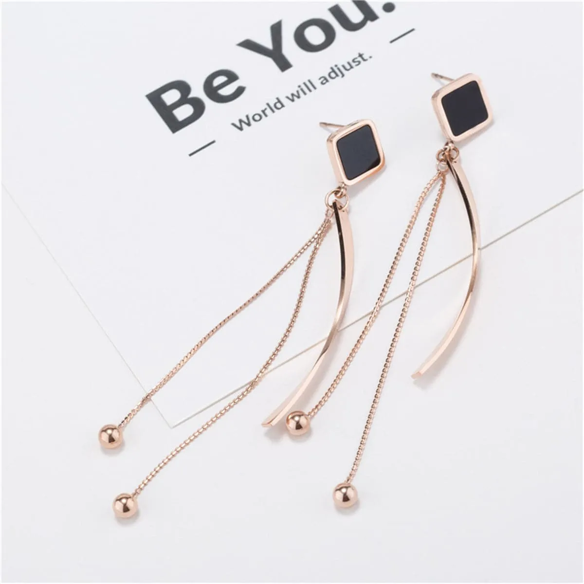 Black & 18K Rose Gold-Plated Rhombus Tassel Drop Earrings