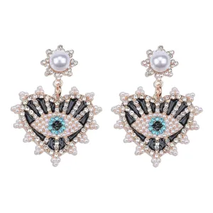 Black & Cubic Zirconia Eye In Heart Drop Earrings