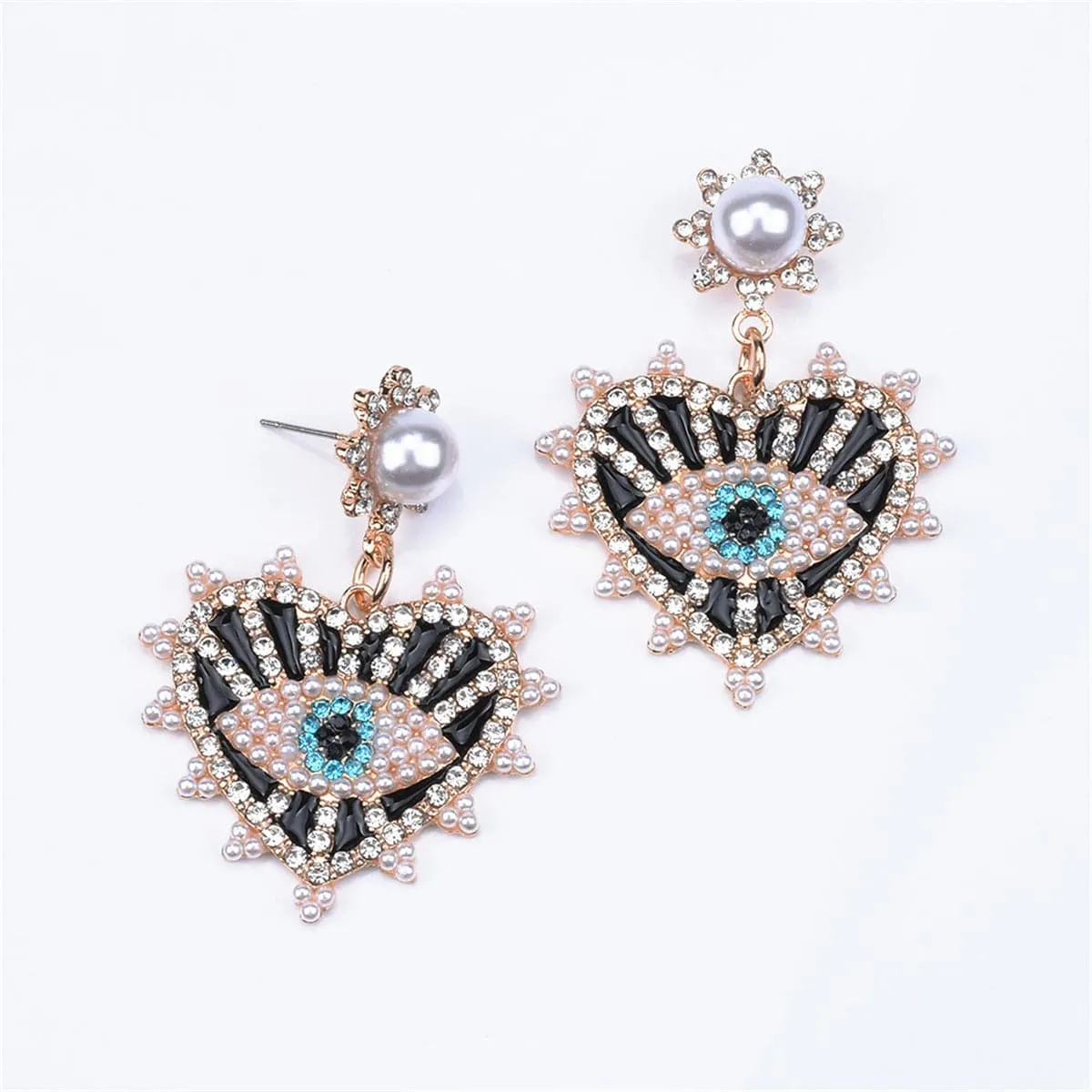 Black & Cubic Zirconia Eye In Heart Drop Earrings