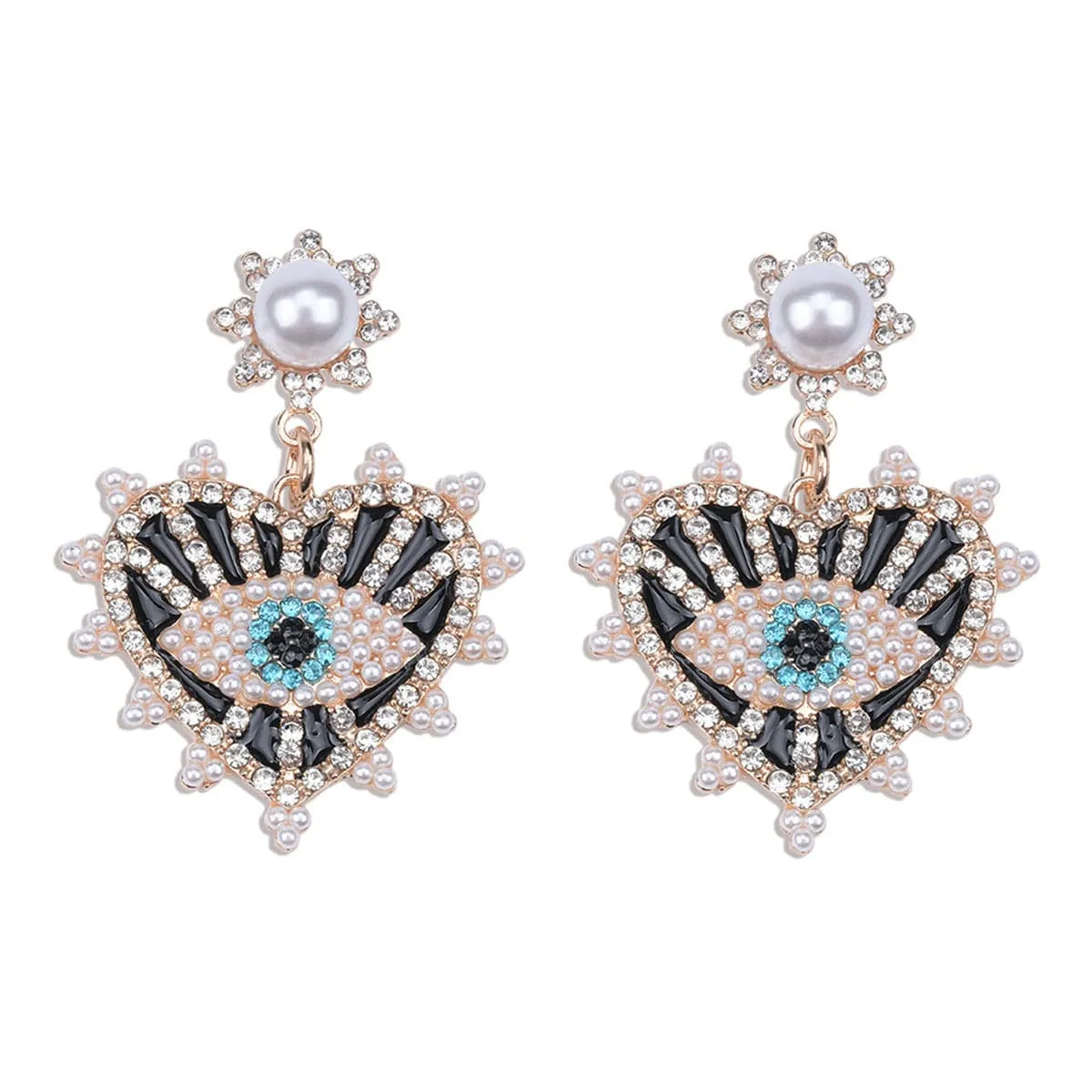 Black & Cubic Zirconia Eye In Heart Drop Earrings