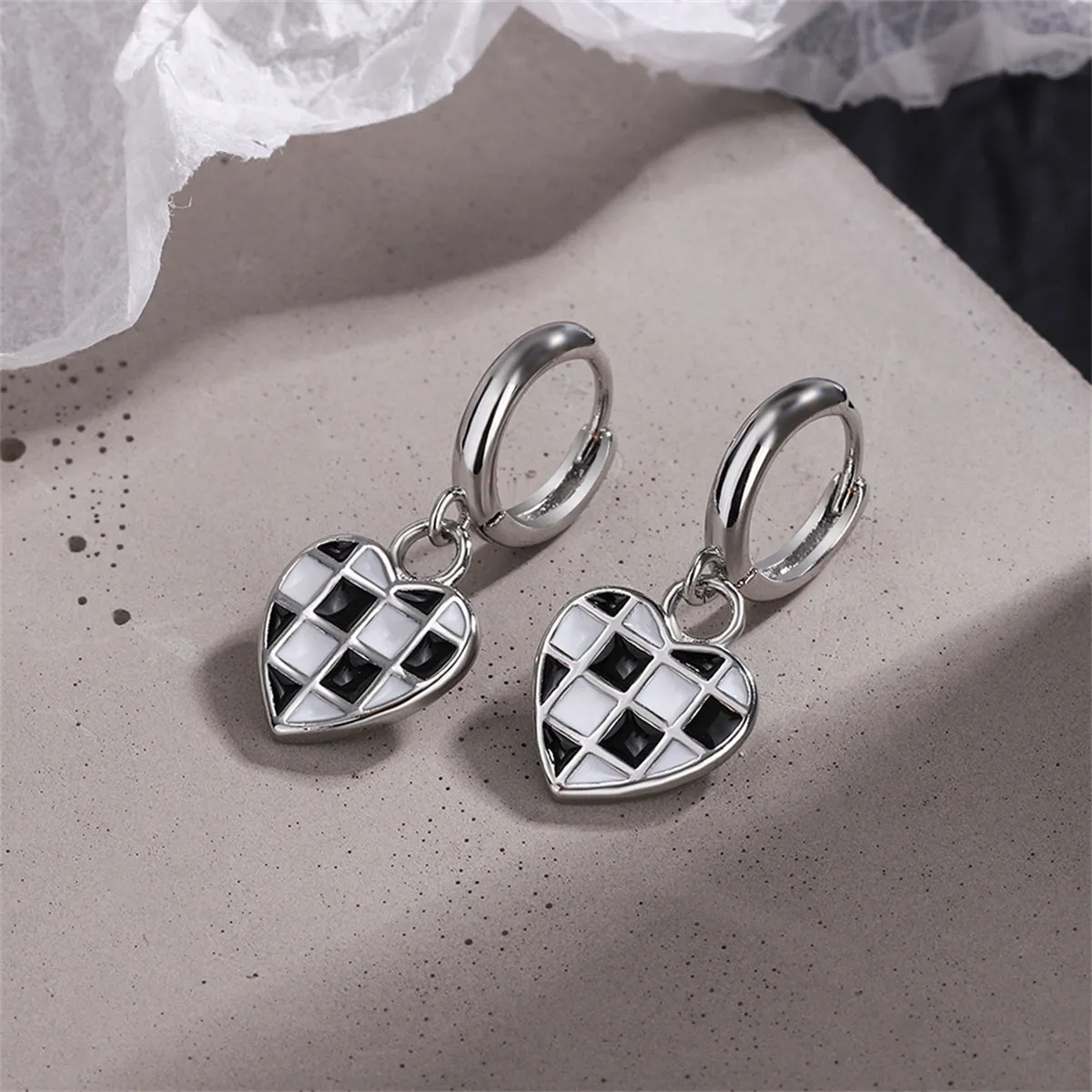 Black & White Checkerboard Heart Drop Earrings