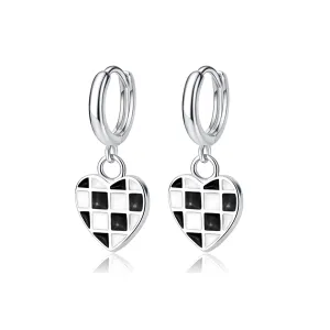 Black & White Checkerboard Heart Drop Earrings
