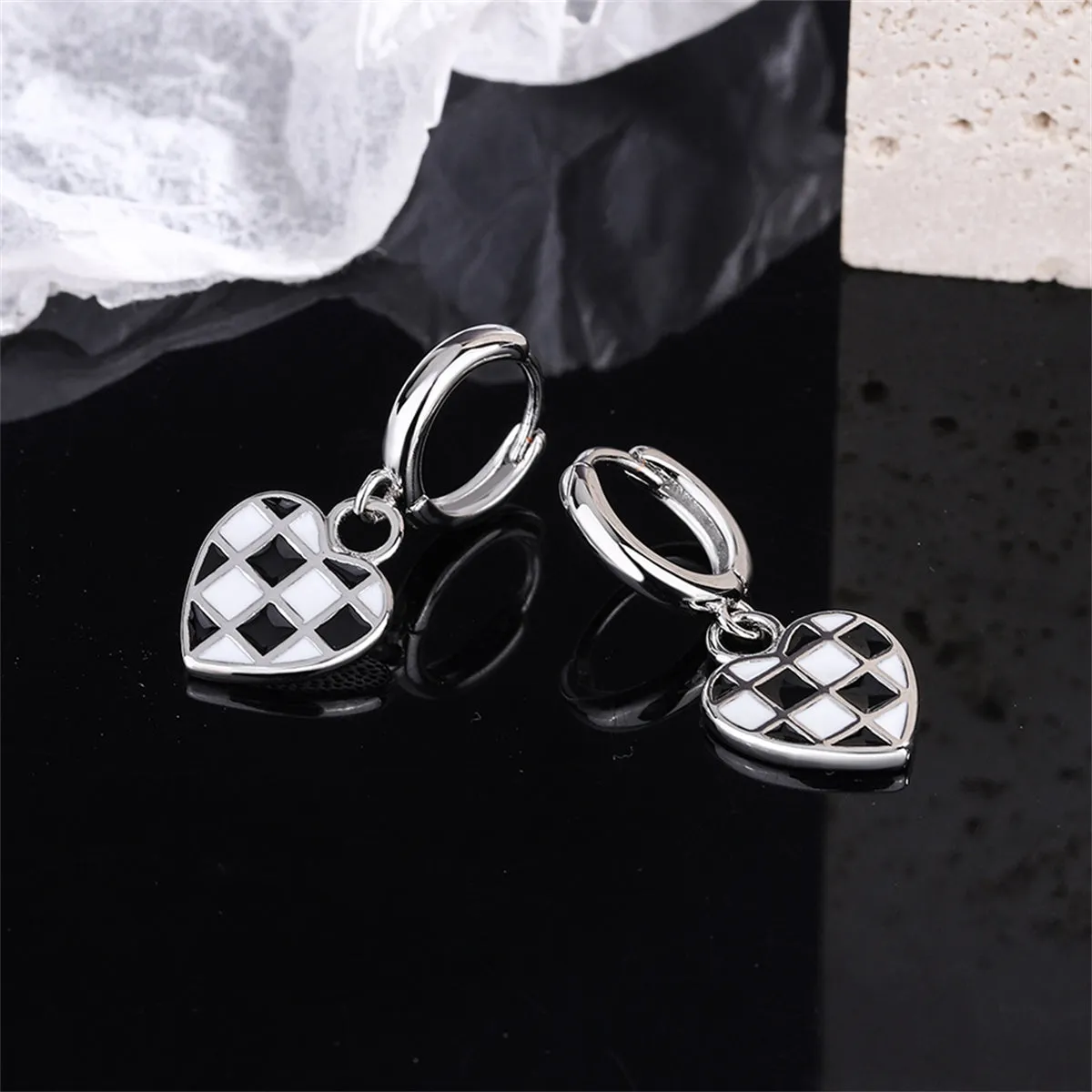 Black & White Checkerboard Heart Drop Earrings