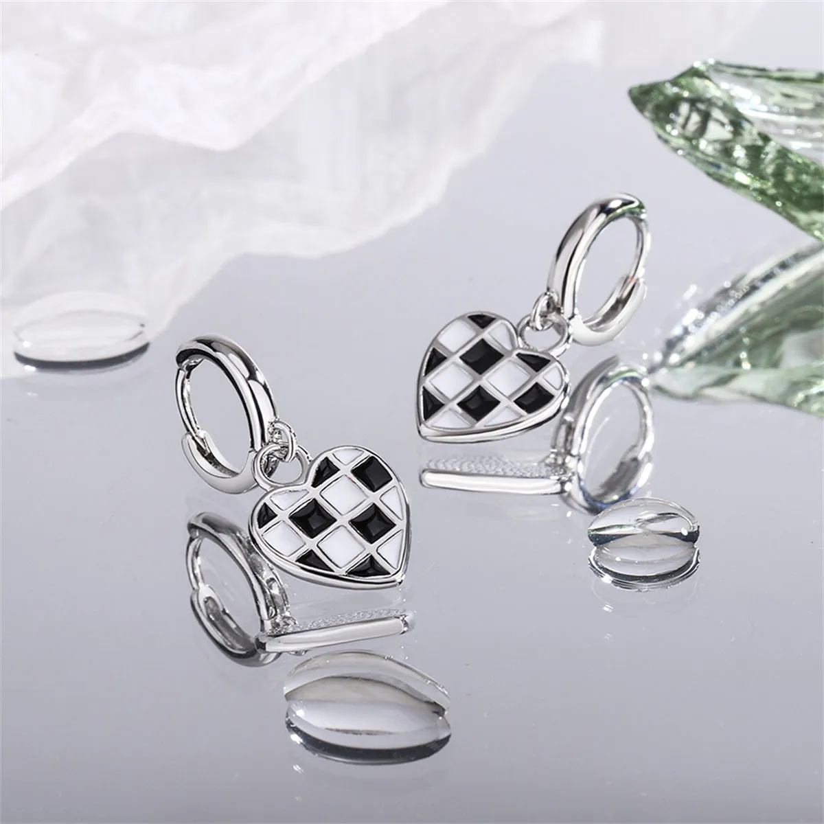 Black & White Checkerboard Heart Drop Earrings
