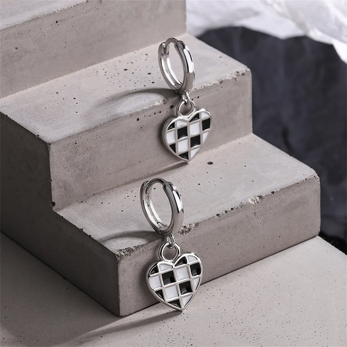 Black & White Checkerboard Heart Drop Earrings