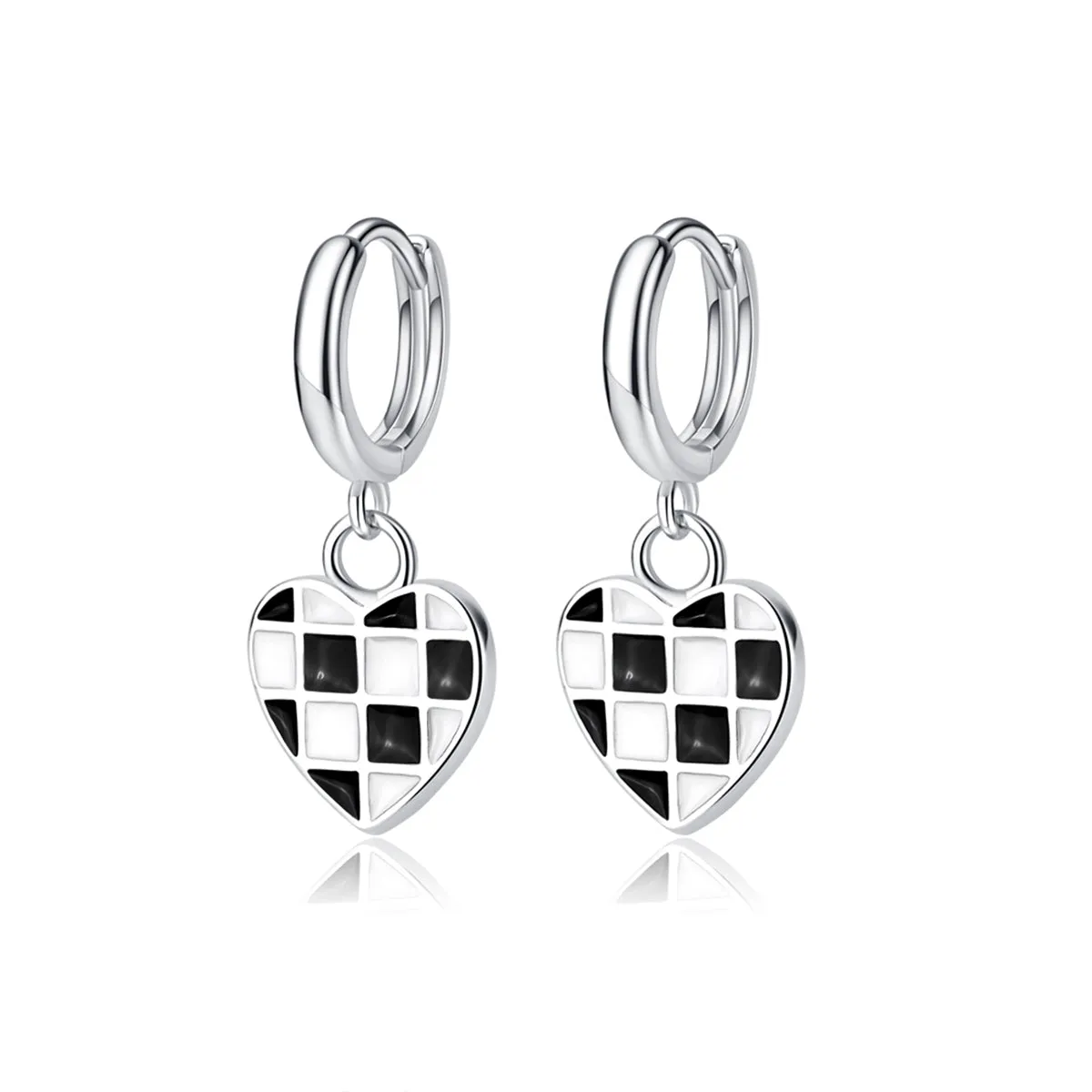 Black & White Checkerboard Heart Drop Earrings