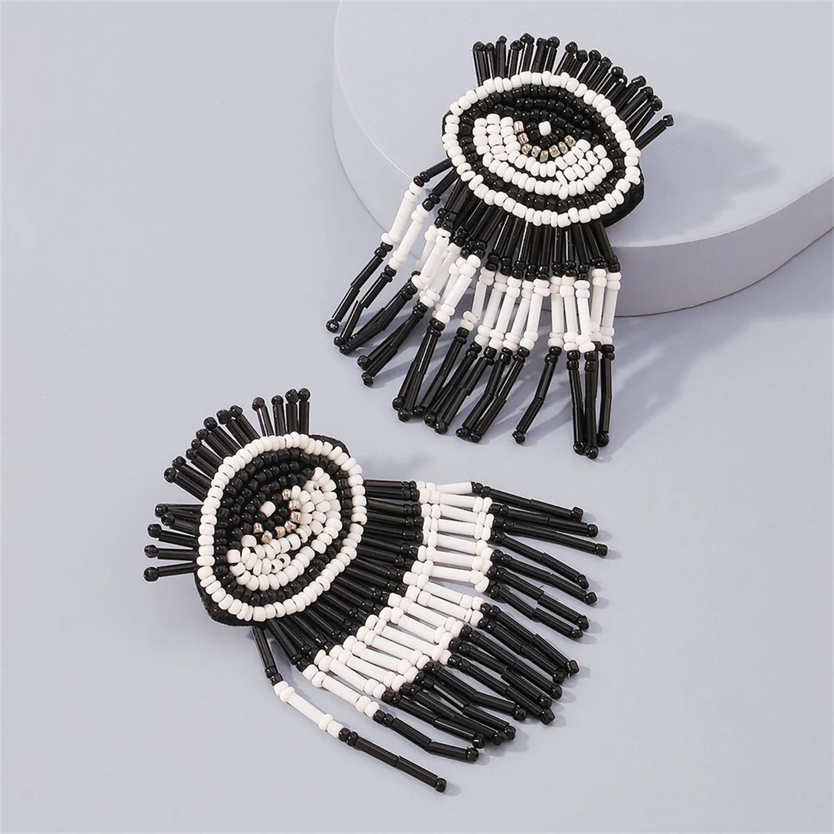 Black & White Howlite Eye Tassel Drop Earrings