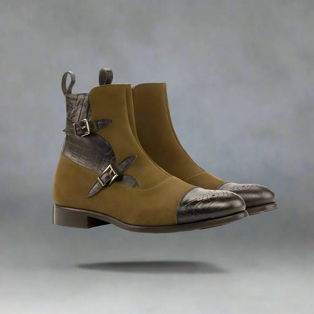 Black Crocodile Print Italian Leather And Green Suede Campinas Slip On Zipper Boots - Alligator Print - Boots