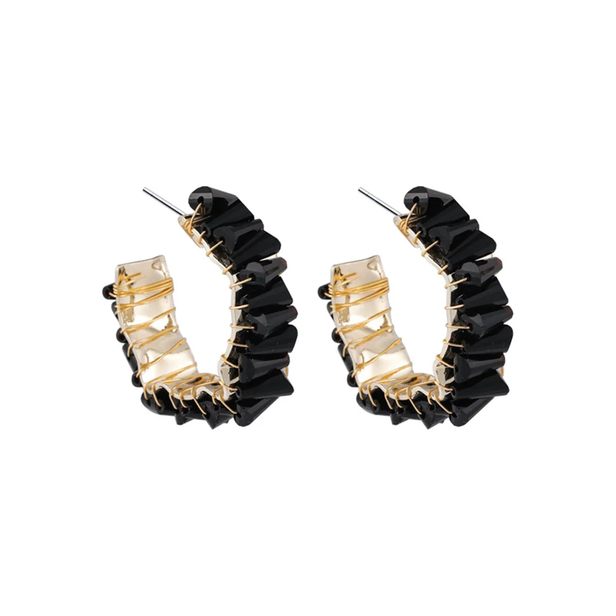 Black Crystal & 18K Gold-Plated C-Shape Stud Earrings