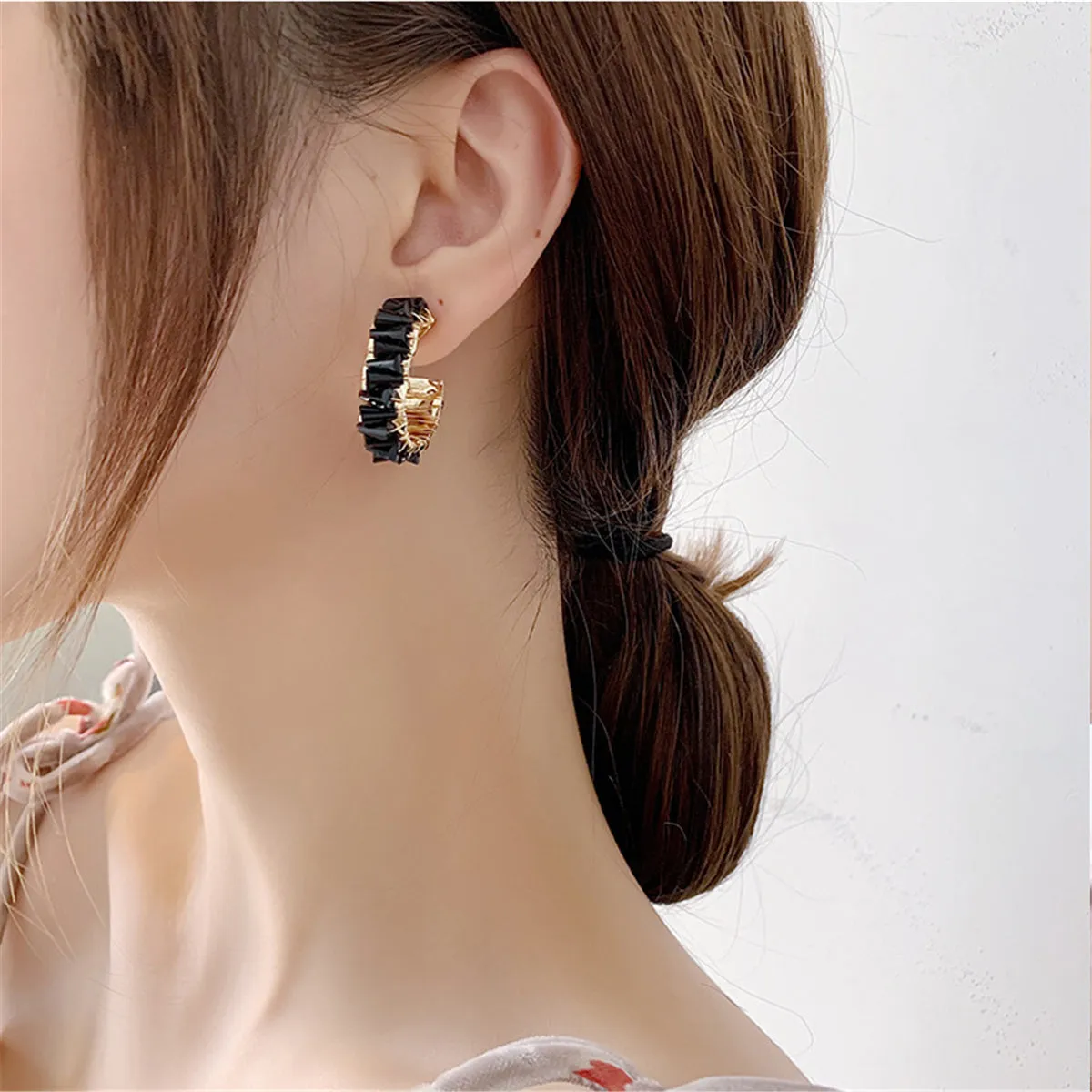 Black Crystal & 18K Gold-Plated C-Shape Stud Earrings