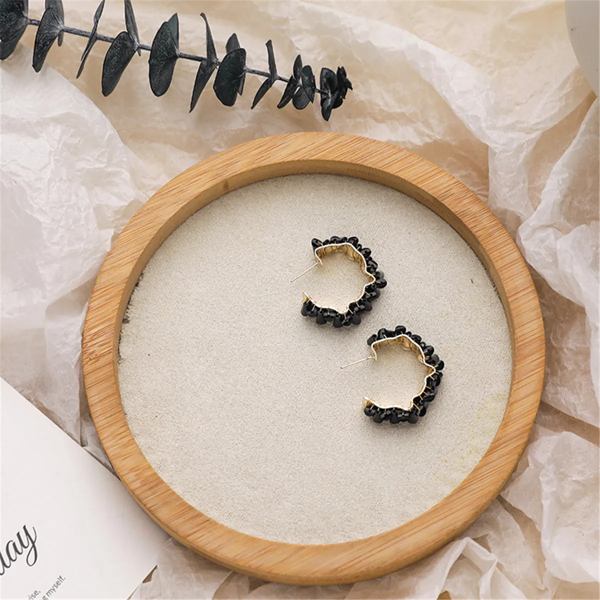 Black Crystal & 18K Gold-Plated C-Shape Stud Earrings