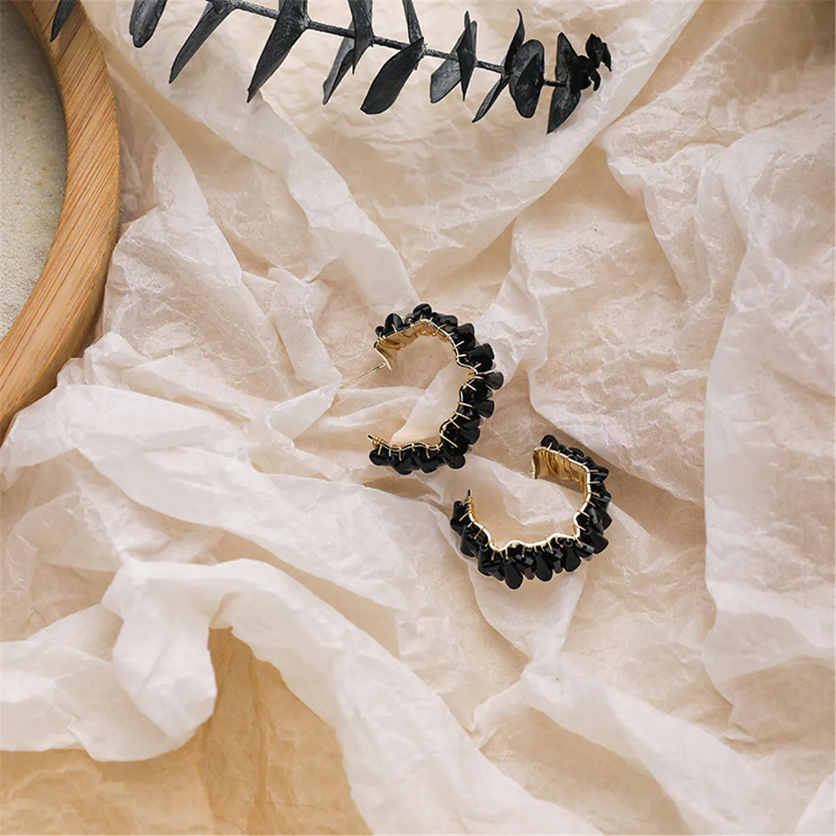 Black Crystal & 18K Gold-Plated C-Shape Stud Earrings