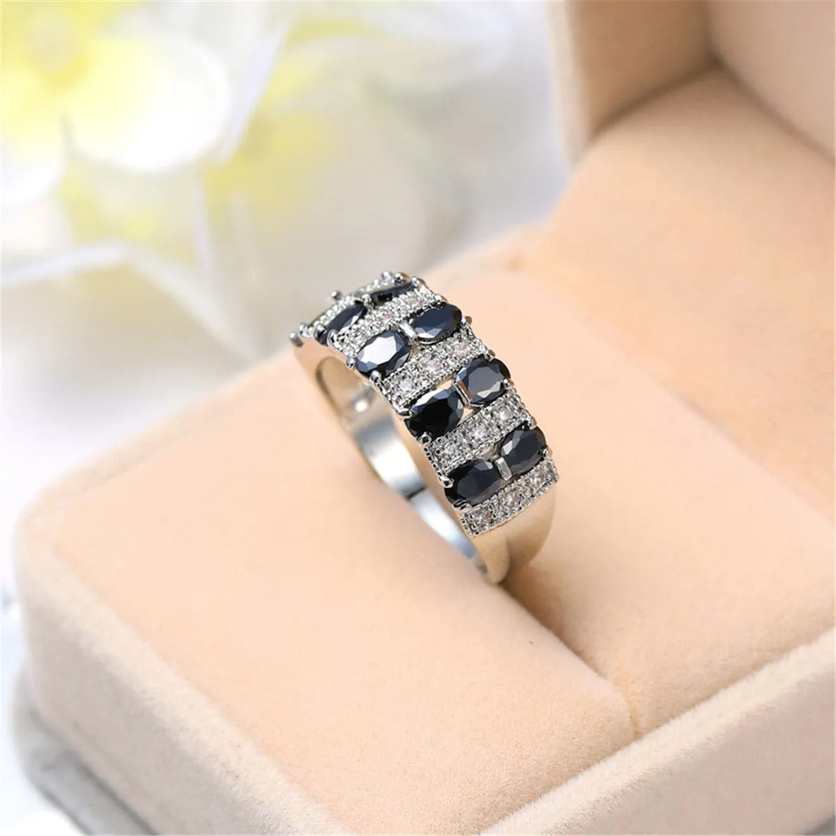 Black Crystal & Silver-Plated Invisible Ring