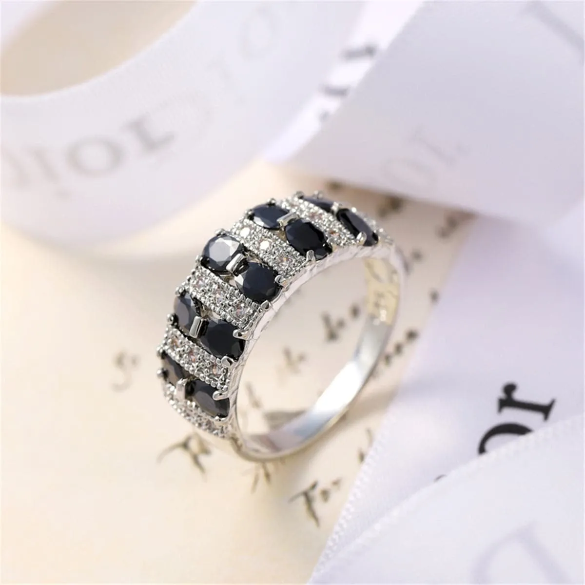 Black Crystal & Silver-Plated Invisible Ring