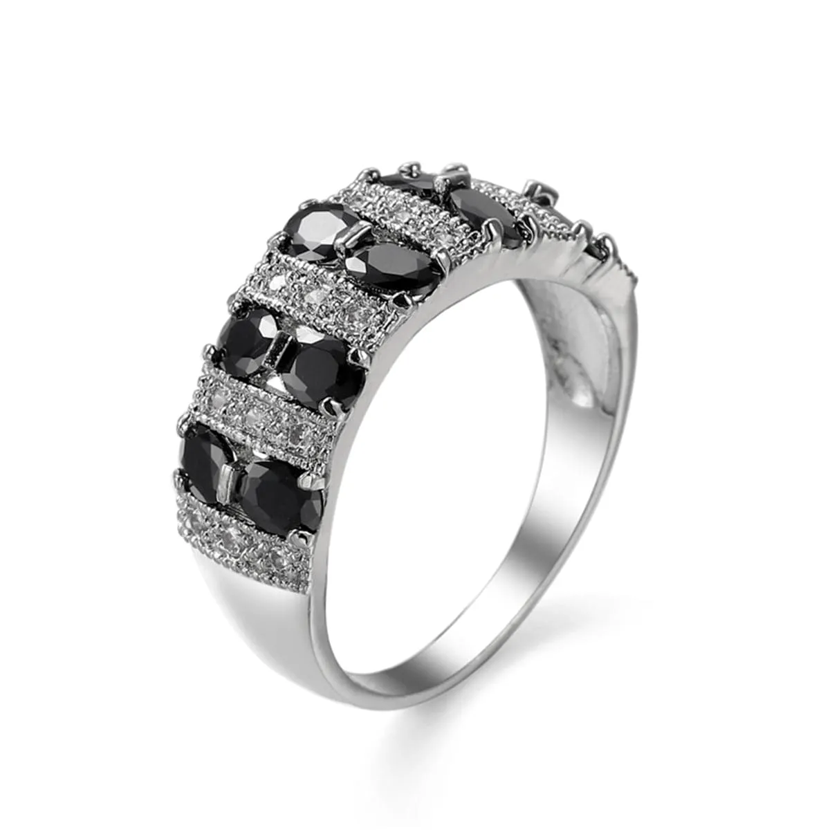 Black Crystal & Silver-Plated Invisible Ring
