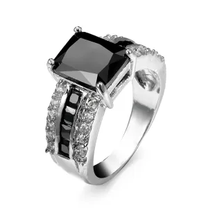 Black Crystal & Silver-Plated Rectangle Ring
