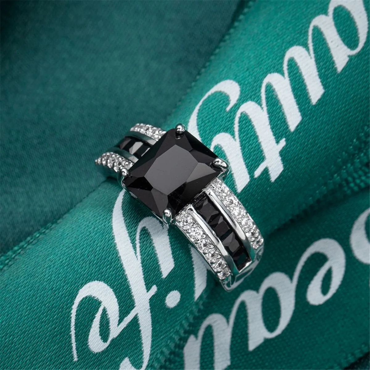 Black Crystal & Silver-Plated Rectangle Ring
