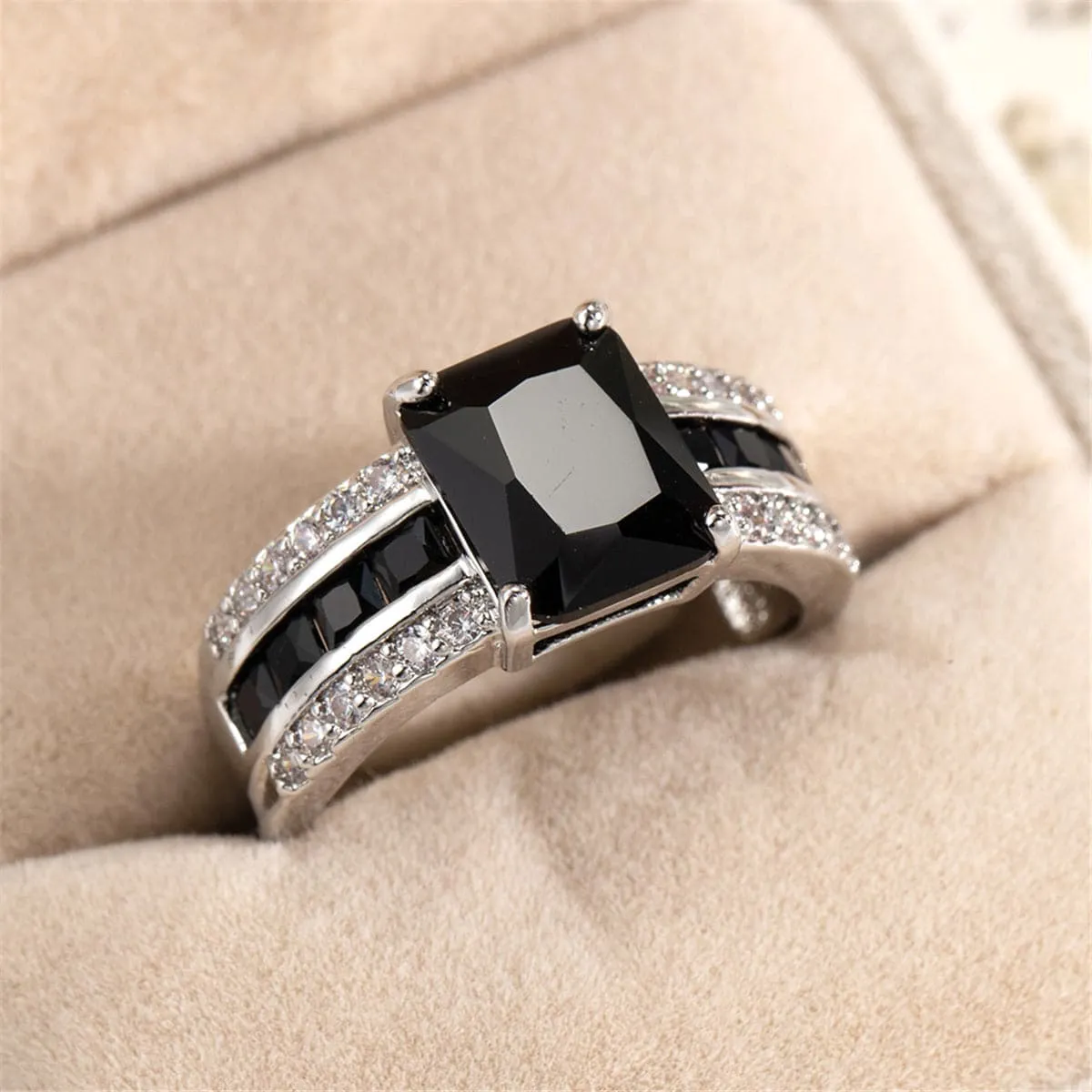 Black Crystal & Silver-Plated Rectangle Ring