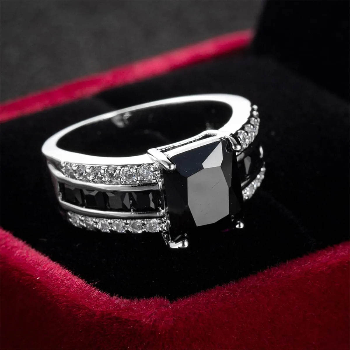 Black Crystal & Silver-Plated Rectangle Ring