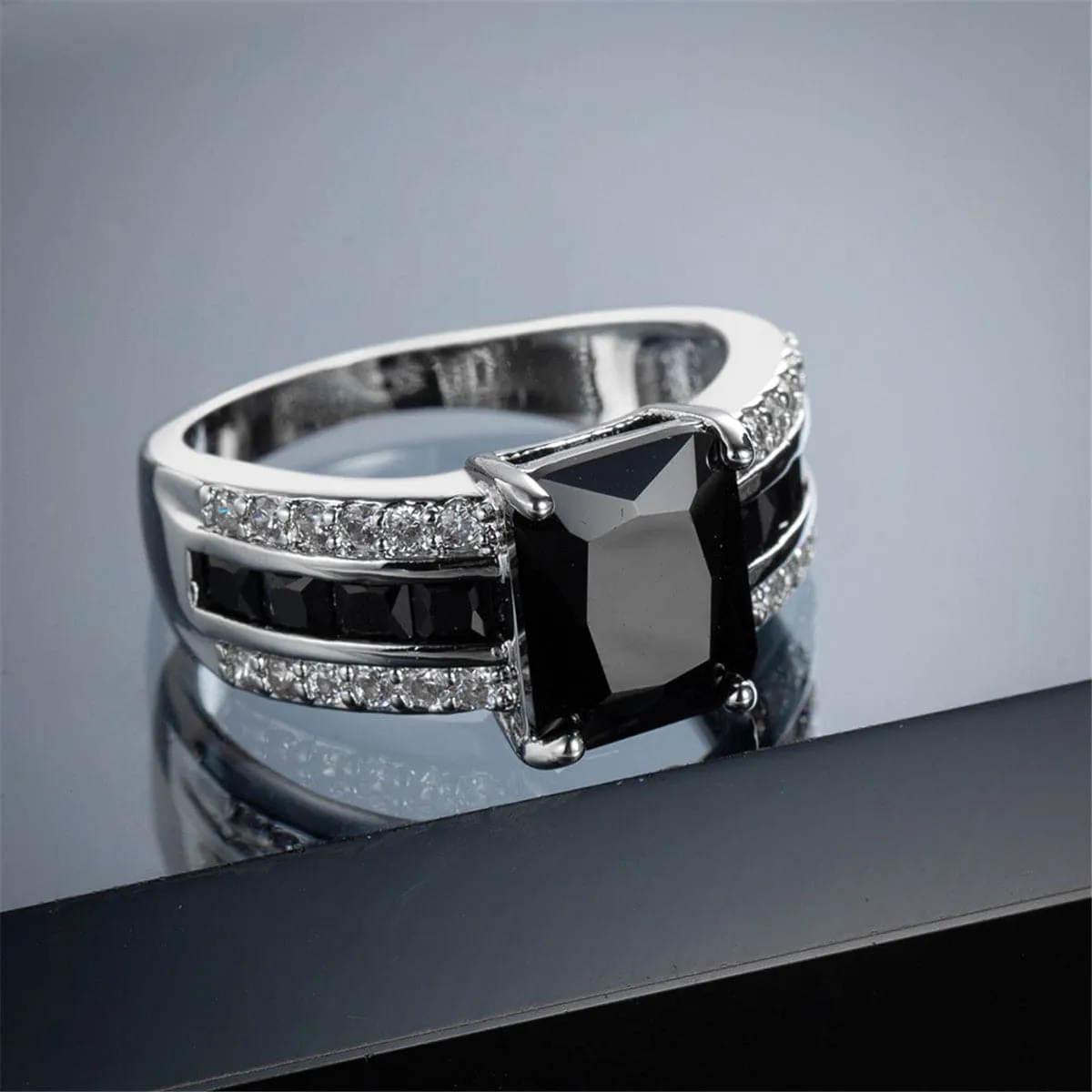 Black Crystal & Silver-Plated Rectangle Ring