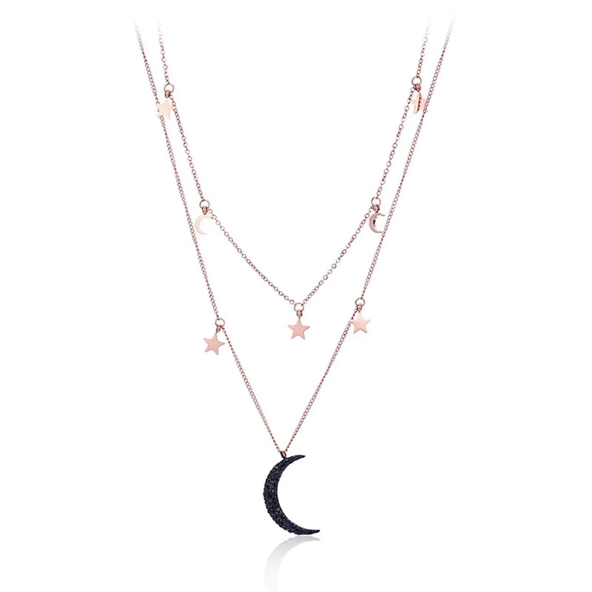 Black Cubic Zirconia & 18K Rose Gold-Plated Moon & Sun Layered Necklace