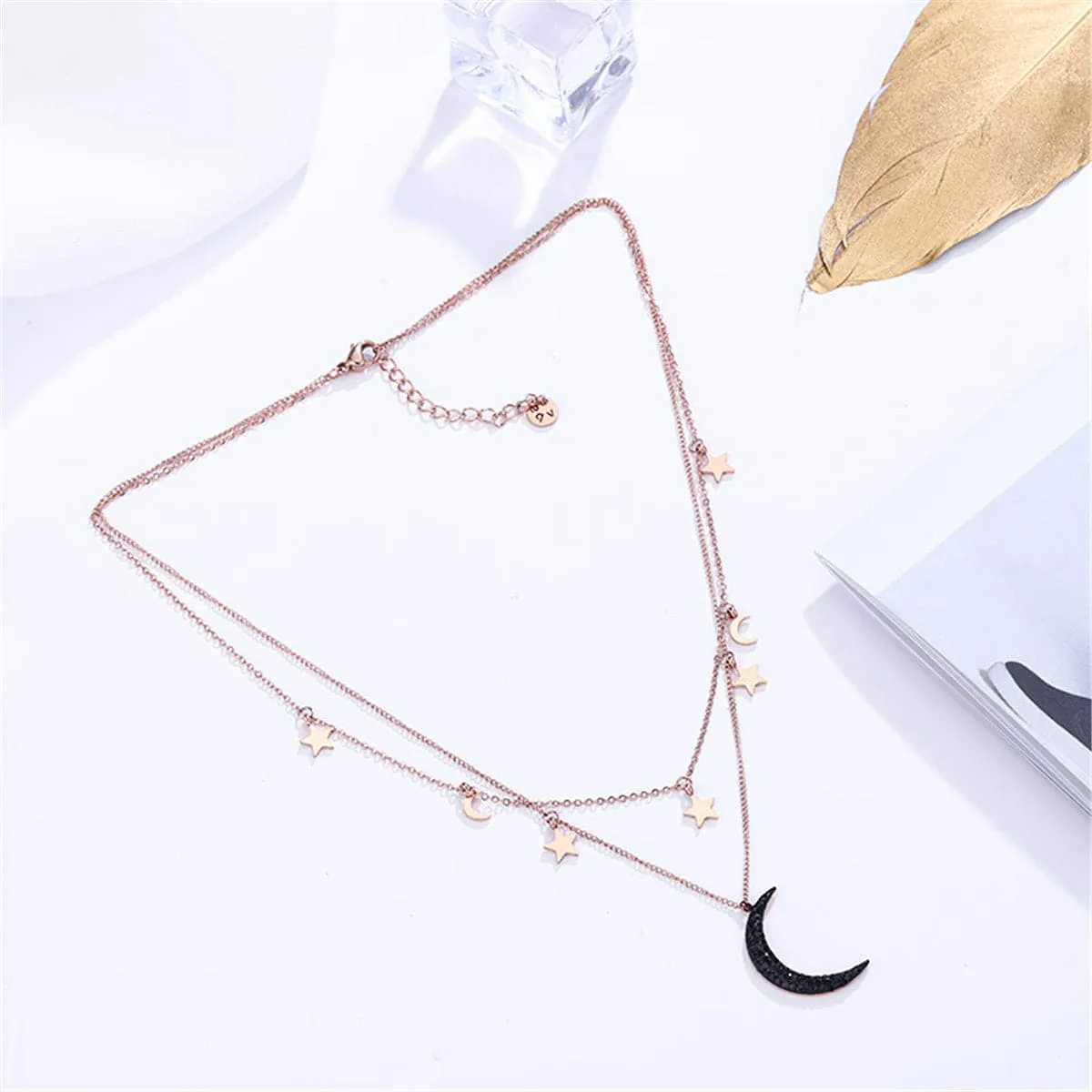 Black Cubic Zirconia & 18K Rose Gold-Plated Moon & Sun Layered Necklace