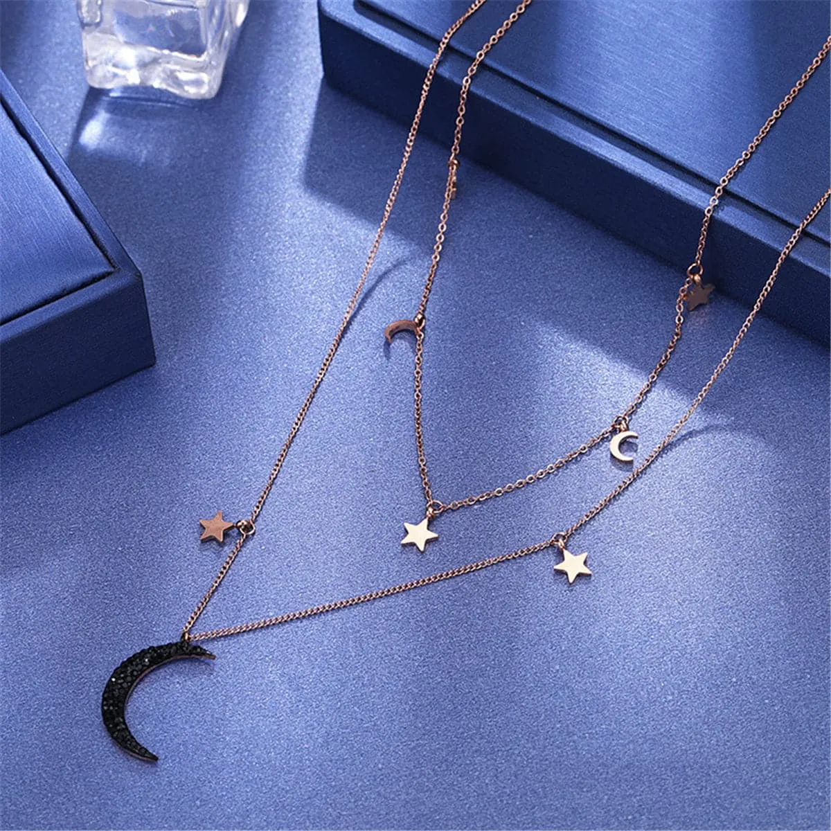 Black Cubic Zirconia & 18K Rose Gold-Plated Moon & Sun Layered Necklace