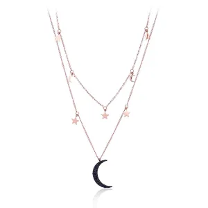 Black Cubic Zirconia & 18K Rose Gold-Plated Moon & Sun Layered Necklace