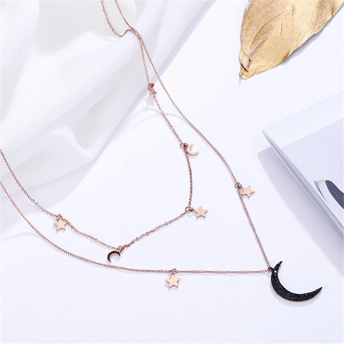 Black Cubic Zirconia & 18K Rose Gold-Plated Moon & Sun Layered Necklace